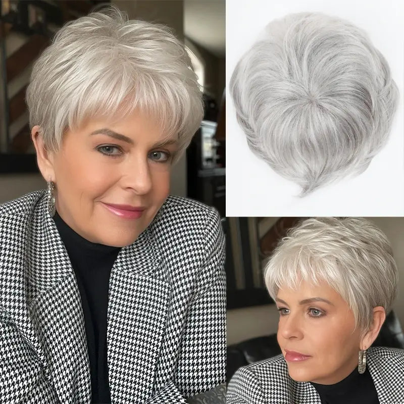 🔥Short Pixie Cut Human Hair Topper with Bangs for Women